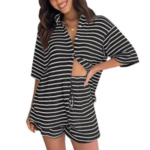 Women Knit 2 Piece Outfit Casual Striped Button Down Shirt Daily Shorts Set (Blue, XXL)