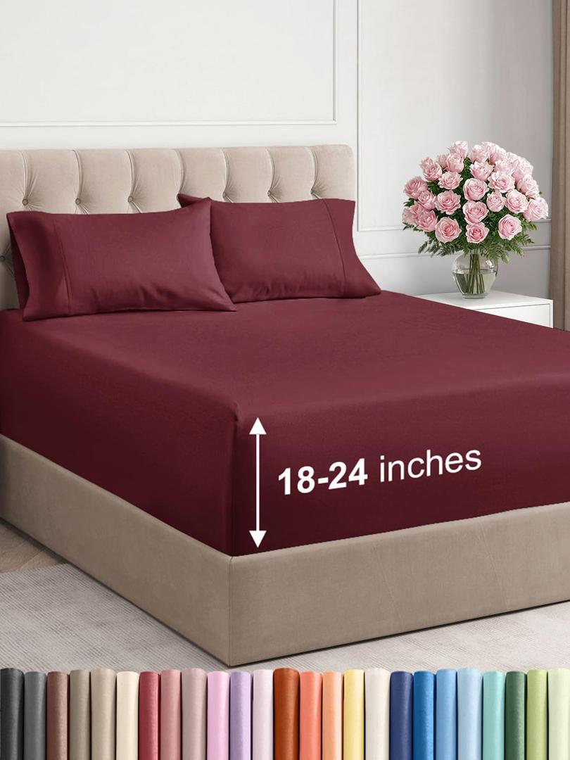 CGK Linens Extra Deep Pocket King Sheets - 4 Piece Breathable & Cooling Bed Sheets - Hotel Luxury Bed Sheet Set - Super Soft, Wrinkle Free and Comfy - Fits Extra Deep Mattresses - Burgundy Sheets Set CGK Linens Extra Deep Pocket King Sheets - 4 Piece Breathable & Cooling Bed Sheets - Hotel Luxury Bed Sheet Set - Super Soft, Wrinkle Free and Comfy - Fits Extra Deep Mattresses - Burgundy Sheets Set