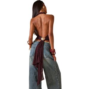 Verdusa Women's Y2k Tops Backless Shiny Halter Festival Party Club Outfits M