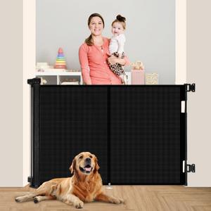 59 inch Retractable Baby Gates 42 inch Tall, Retractable Gate with Reinforced Strip Design to Prevent Crawling Through, 5 FT Retractable Dog Gate for Stairs, Doorways, Hallways, Indoor/Outdoor (Black)