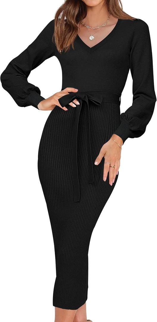 HAEOF Womens 2026 Puff Long Sleeve Fall Winter Sweater Dress Trendy Ribbed Knit V Neck Business Work Midi Bodycon Dresses (Small)