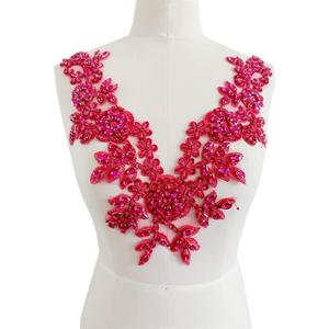 Handmade Rhinestones lace Applique Hand Sewing Beads Trim Patches Accessories for Dress Neckline (Rose red)