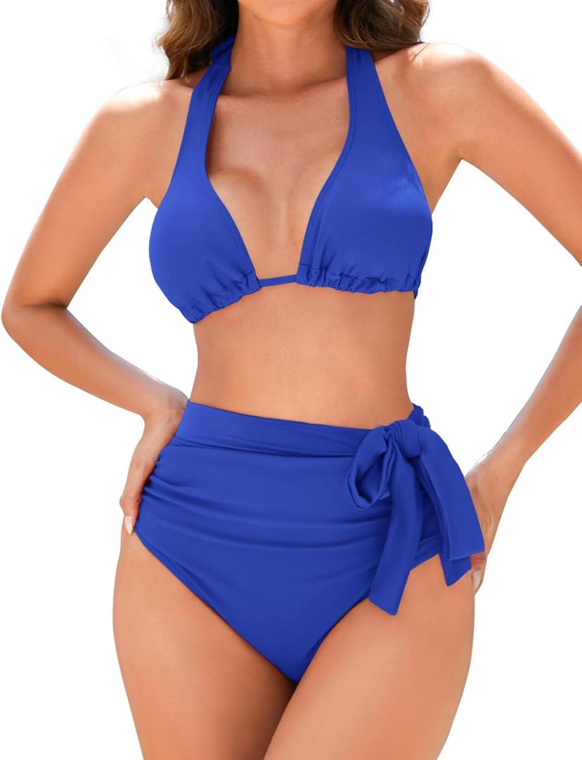 Women Modest Tummy Control Bikini Set High Waisted Ruched Bathing Suit Halter Tie Side Swimsuit (Blue, S)