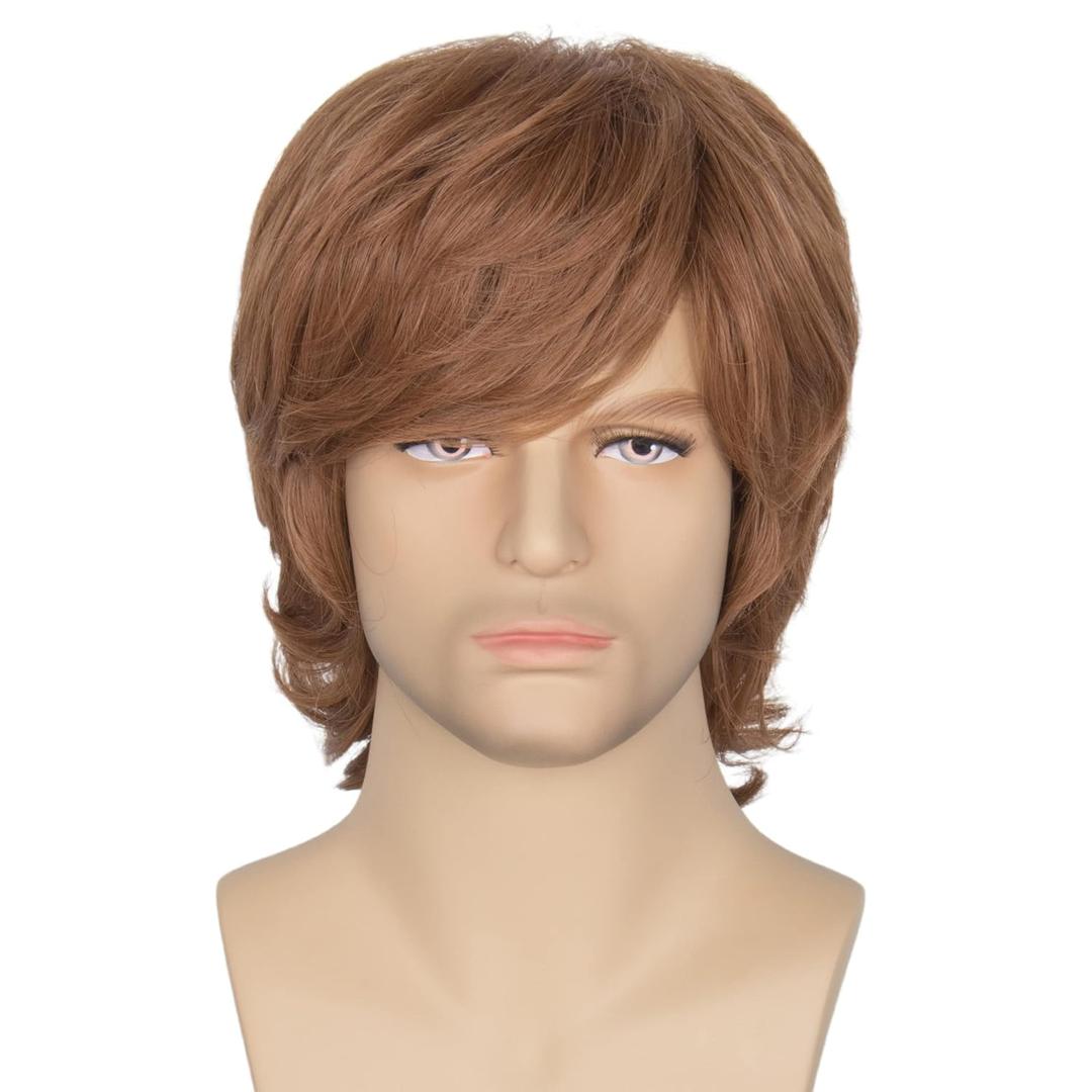 Miss U Hair Shaggy Wig Men Short Wavy Brown Wig Halloween Cosplay 60s 70s Male Rocker Costume Hair (2 Piece Set)
