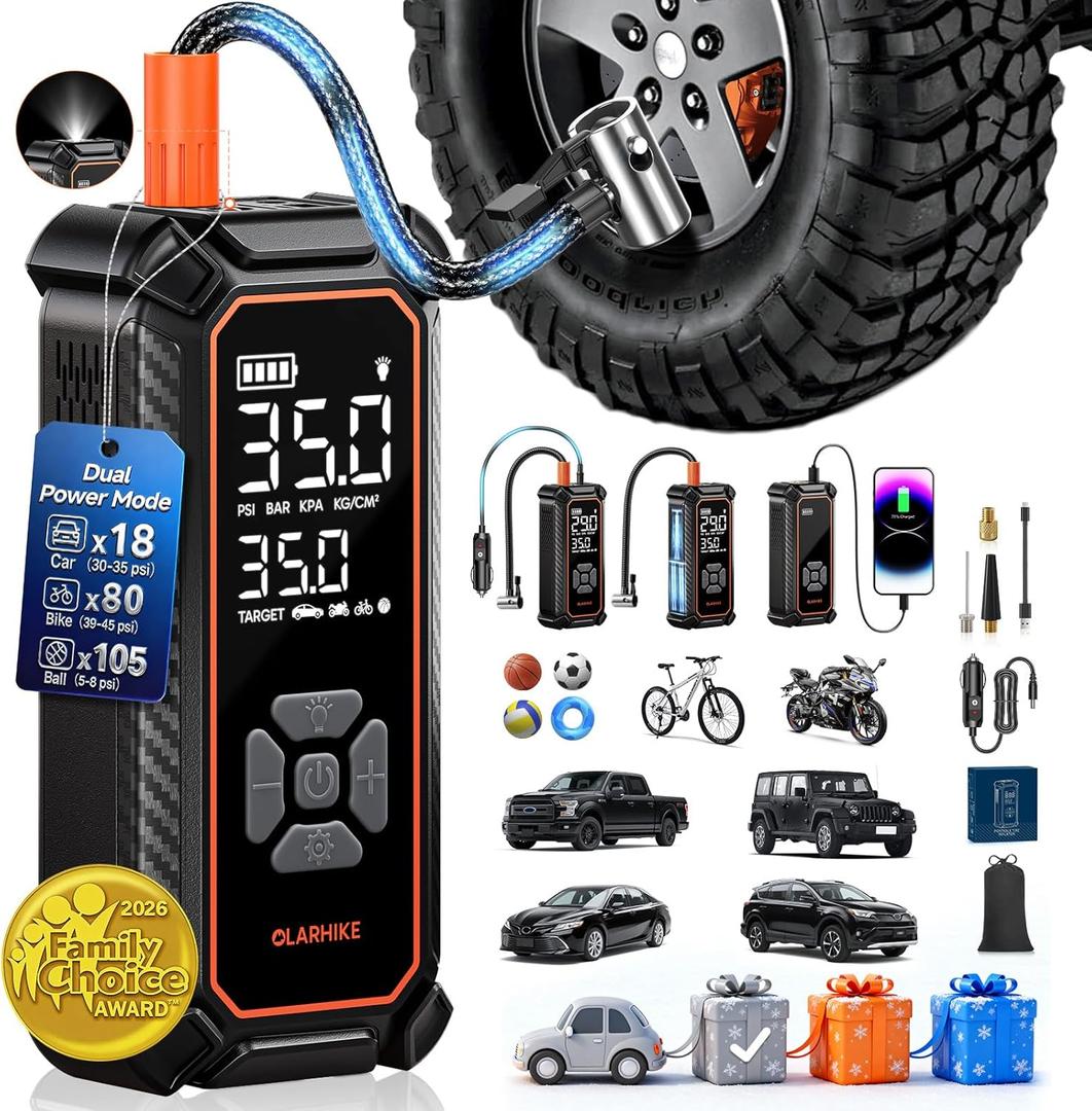 OlarHike Tire Inflator Portable Air Compressor, 150PSI Dual Power - 6000mAh & 12V DC, Cordless Air Pump for Car Tires, Bike, Motorcycle, Balls with LED & Digital Pressure Gauge, Car Gifts (6000mAh (Car&SUV&Light Pickup Truck))