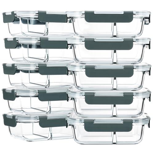 M MCIRCO 10-Pack,30 Oz Glass Meal Prep Containers 2 Compartments Airtight Lunch Bento Boxes with Lids, Glass Food Storage Containers, Microwave, Oven, Freezer and Dishwasher