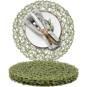 AHHFSMEI Paper Braided Round Placemats Set of 6 Natural Non-Slip Heat Resistant Table Mats for Dining Tables Woven Indoor & Outdoor Place mats(Green)