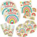 Retro Rainbow Themed Happy Birthday Party Supplies Set - Vibrant Disposable Paper Plates, Cups and Napkins - Fun & Colorful Design for Boys/Girls - For 16 Guests