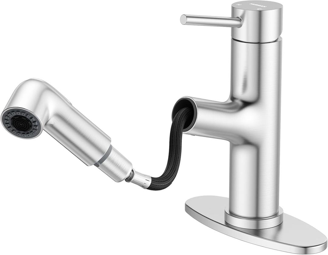 HURRAN Pull Out Bathroom Faucet, Single Handle Basin Mixer Tap with 2 Modes, Utility Sink Faucet with Deck Plate, Stainless Steel, Brushed Nickel