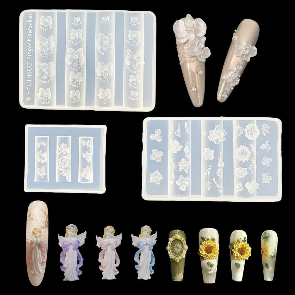 2 x 3Pcs Flower Nail Art Silicone Molds, 3D Floral Charms Kit, Daisy Sunflower Tulip for UV Gel Acrylic DIY Craft Supplies
