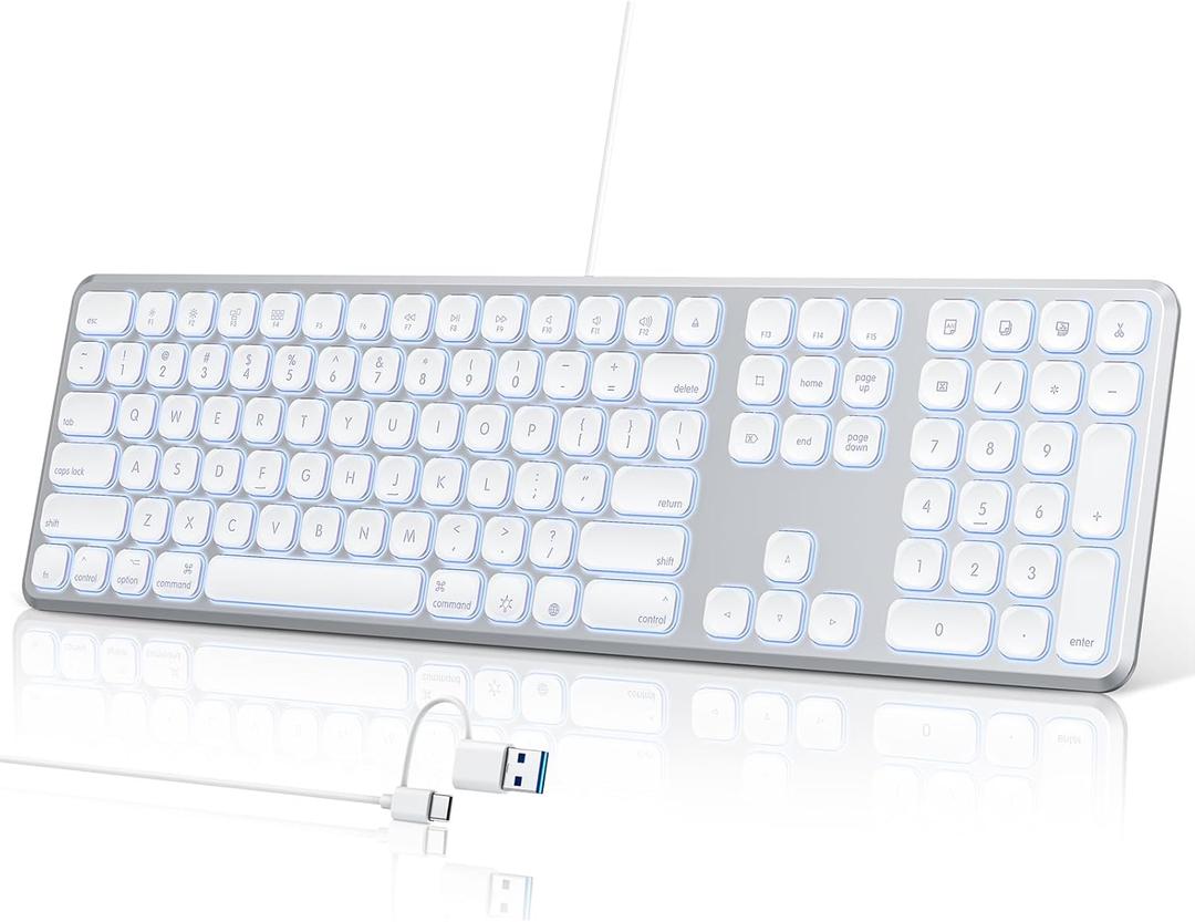 TECURS USB Wired Keyboard for Mac - LED Backlit 110 Keys Full Size Computer Keyboard with Number Keypad, Slim Silent Office Keyboard for Apple iMac, MacBook Pro/Air, Mac Mini/Pro Laptop and PC, Silver