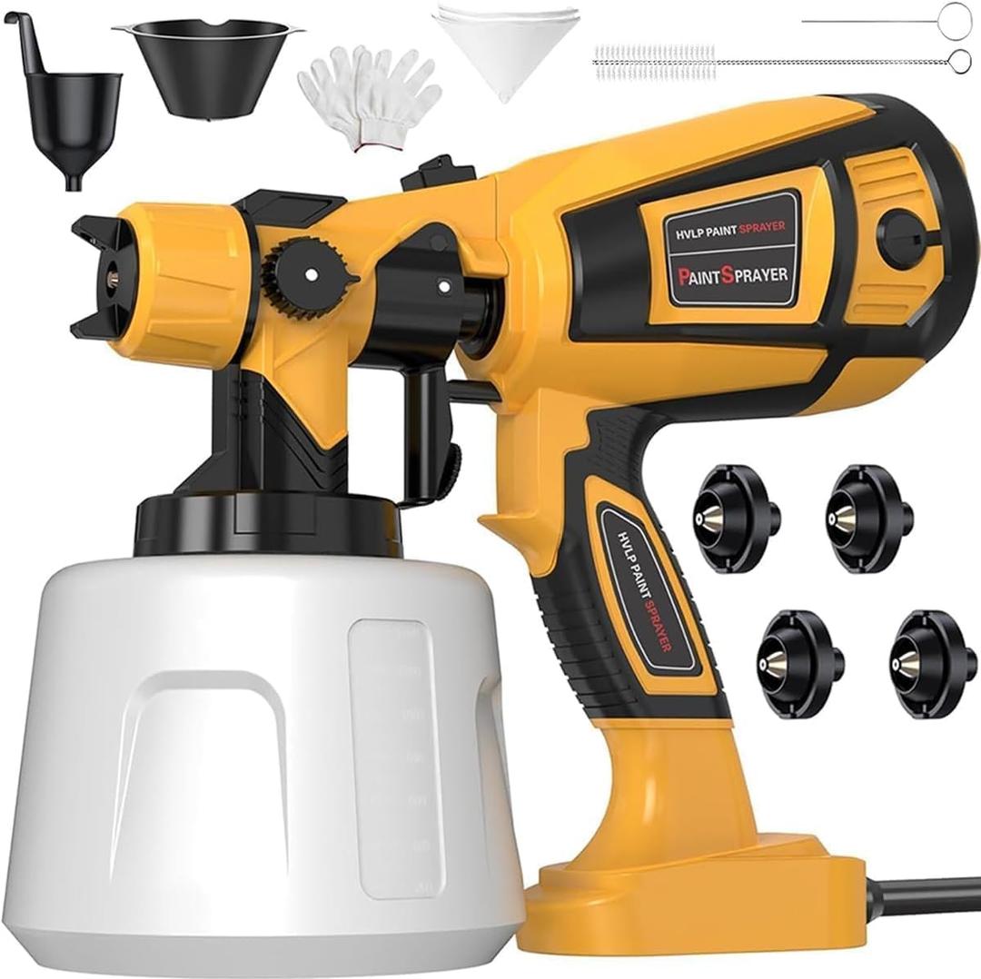 Paint Sprayer 1000W High Power Electric Spray Paint Gun with Adjustable Spray Width Knob,1400ML Container,4 Nozzles & 3 Patterns,Easy to Clean for Furniture Cabinets House Painting Yellow (Yellow)