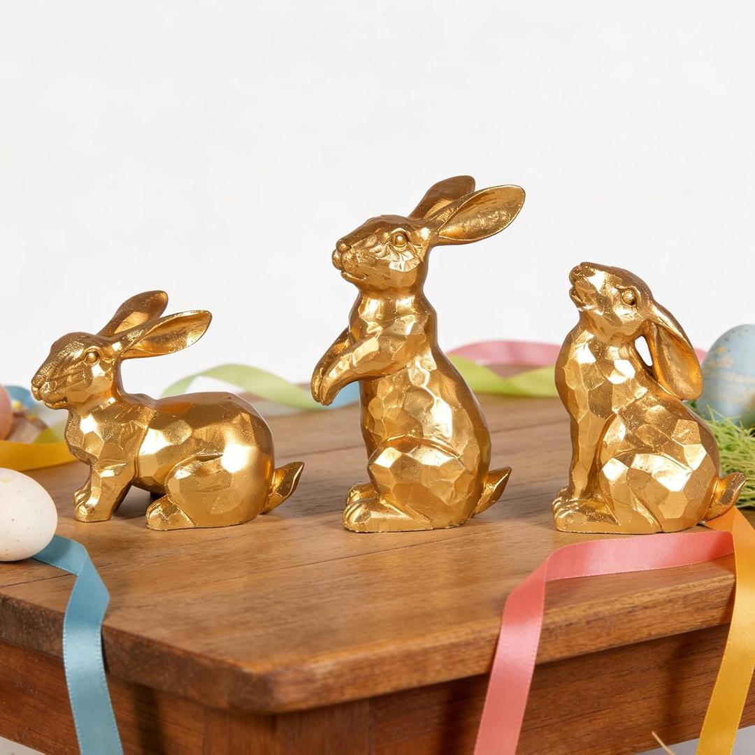 Easter Bunny Decorations,Vintage Gold Rabbit Figurine, Small Resin Bunnies for Home Spring Farmhouse Decor (Gold Faceted-3PCS)