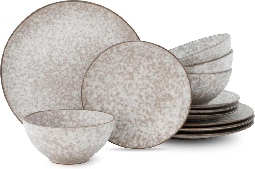 Mimola Ceramic Dinnerware Sets,Handmade Reactive Glaze Stoneware Plates and Bowls Sets,Highly Chip and Crack Resistant | Dishwasher & Microwave Safe Dishes Set,Service for 4 (12pc) (pure white)