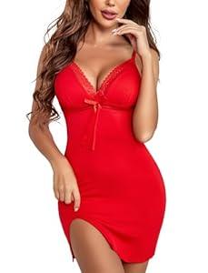 Avidlove Women Sexy Lingerie Chemise Babydoll Nightgown V-Neck Slip Chemise Nightwear A-red Small