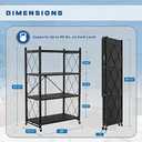 Lifetime Home 4-Tier Foldable Storage Shelf with Wheels - Metal Rack Collapsible Shelving Unit Display, Rolling Cart for Books Kitchen Storage Shelves, Pantry & Closet Organizer, Office Room Decor (Black)
