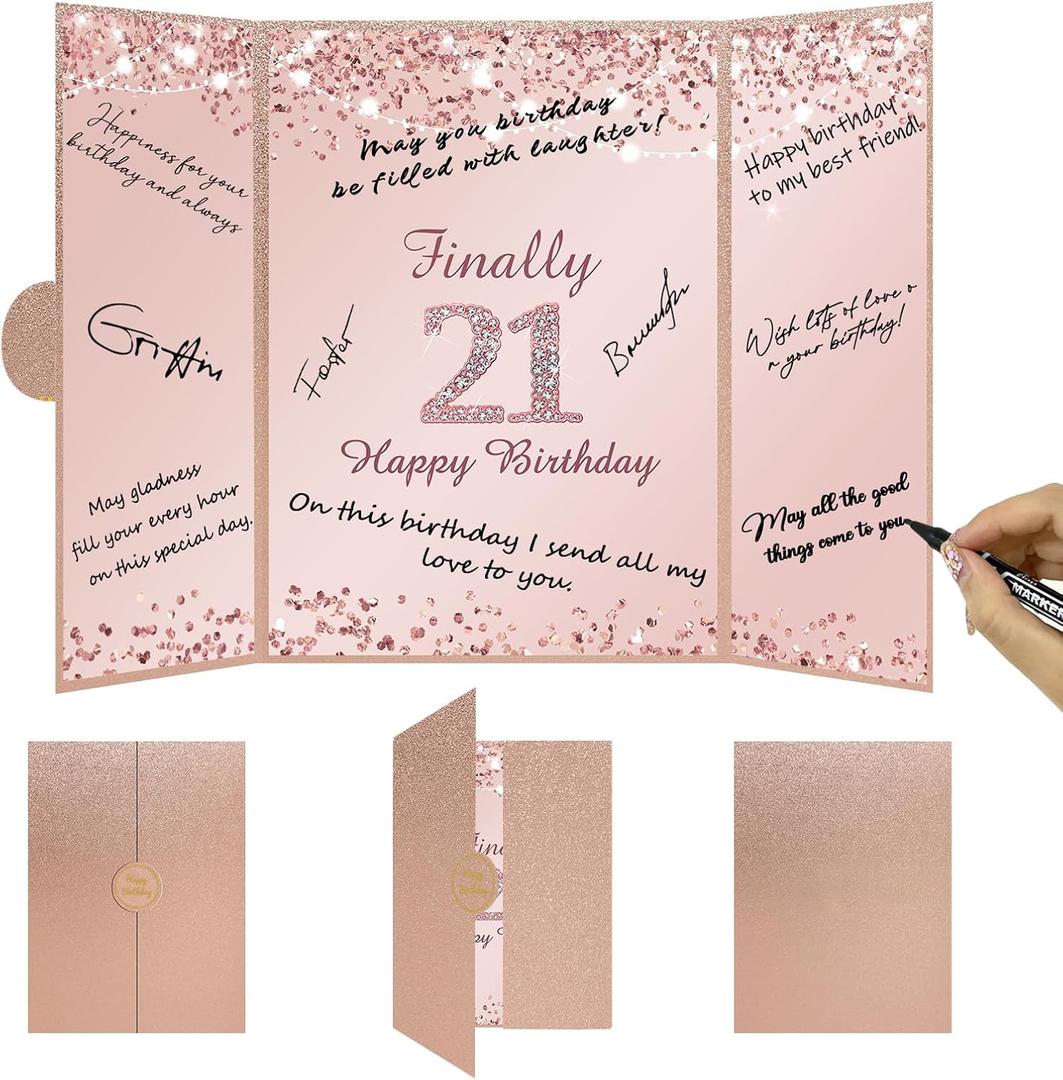 Vlipoeasn 21st Birthday Guest Book Alternative, Rose Gold 21st Birthday Party Decorations for Women, Creative Diamond 21st Birthday Signature Book, Cheers to 21 Year Old Birthday Party Supplies