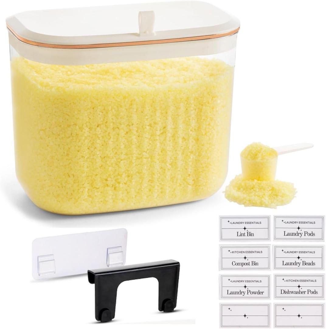 Laundry Room Organization and Storage Container - Wall & Cabinet Hanging - 7L / 236oz Large Capacity - Clear Container for Laundry Pods, Detergent Powder, Beads & Dryer Balls with Scoop & Labels