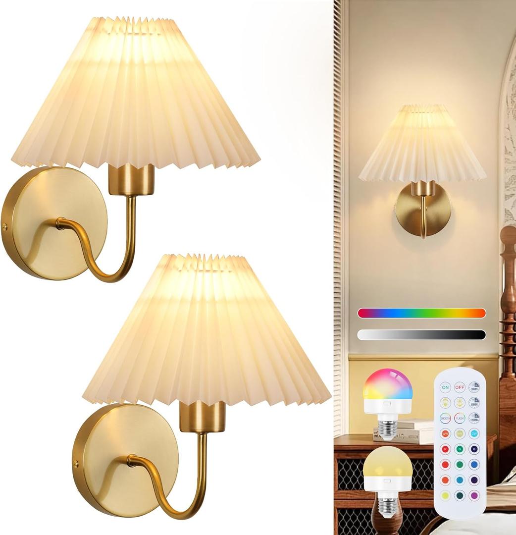 ADISUN Wall Sconces Sets of 2 RGB Battery Operated Wall Sconces for Bedroom Dresser Classic Golden Wall Lamp with Remote for Living Room Bathroom Dining Room Corridor Staircase (2 Bulbs Included)
