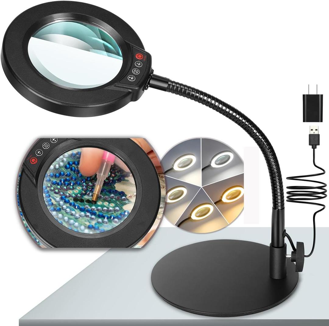 10X Magnifying Glass with Light and Stand, 5 Color Modes Stepless Dimmable LED Lighted Desk Lamp, Hands Free Flexible Gooseneck Magnifier with Light for Craft Hobby Painting Sewing Close Work (Black)