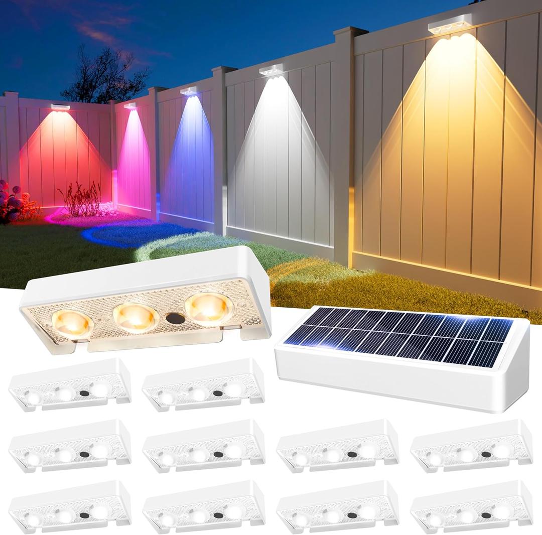 Solar Fence Lights Outdoor, 9 Fixed Colors  Color Changing Fence Lights Solar Powered Waterproof IP65 Dusk-to-Dawn LED Deck Lighting for Patio, Railing, Pool, Porch, Backyard, Wall, 12 Pack (White)