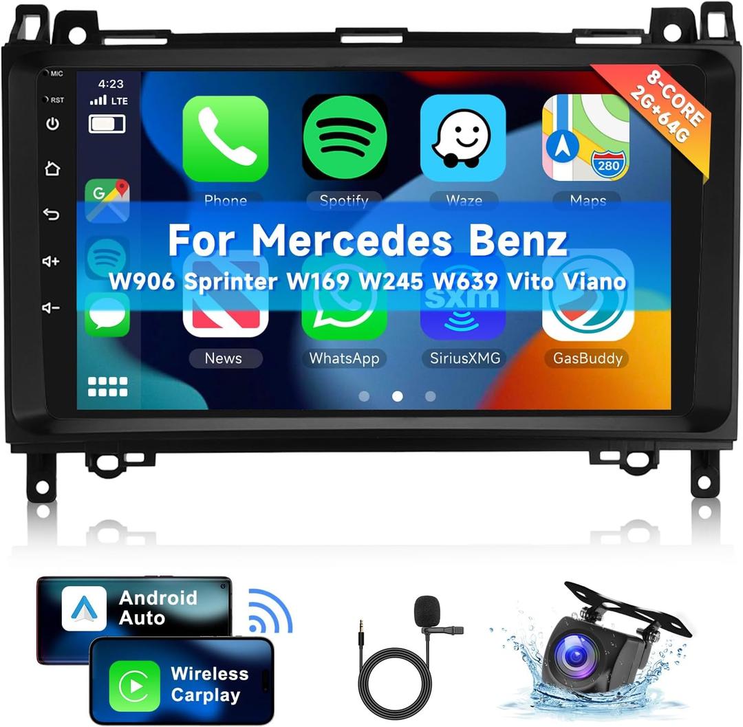 [8 CORE 2G+64G] Car Radio for Mercedes Benz W906 Sprinter W169 W245 W639 Vito Viano with Wireless Carplay/Android Auto, 9" Android 13 IPS Touch Screen Stereo, Bluetooth, GPS, WiFi, SWC, DSP + Camera
