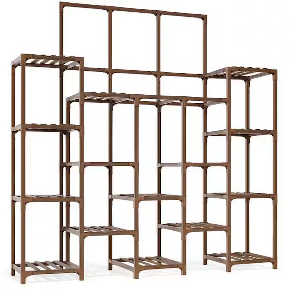 Heavy Duty 14-Tier Natural Brown Wood Rectangular Multi-Layer Plant Stand Shelf with Outdoor Use (56 in. H W x 63 in. H)
