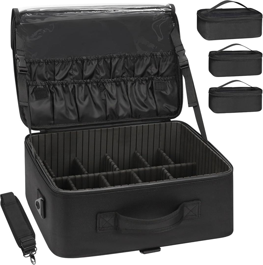 Relavel Large Makeup Bag with 3 Removable Pouches, Travel Train Case Cosmetic Organizer Carrying Box for Makeup Artists Hairstylist with Adjustable Dividers, Brush Holder and Shoulder Strap, Black