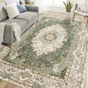 Casrage 6'x9' Area Rugs Washable,Green Rug for Living Room Bedroom Kitchen,Large Boho Vintage Bohemian Distressed Carpet Non Slip,Floral