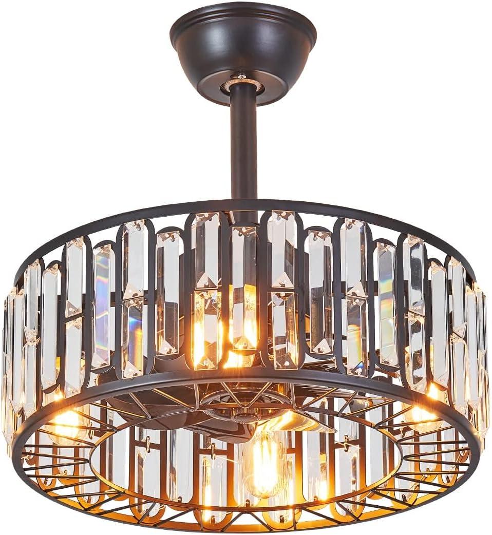 18.2" Modern Crystal Ceiling Fan with Light Black Crystal Fandelier Light Caged Ceiling Fan Light with Remote Reversible Industrial Chandelier Fan for Bedroom Living Room Dining Room Entry foyer, Black Crystal 18.2 IN