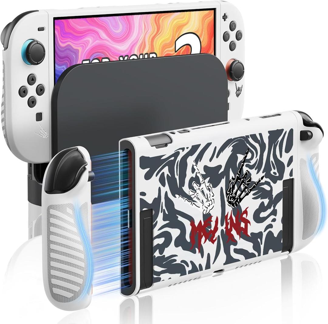 JEMDO Raised Anti-Slip Handle Protective Case Compatible with Nintendo Switch 2 (2025) – Slim Shockproof TPU Cover with Textured Grip, Ergonomic Comfort, White Shell with Rock Hand Street Art