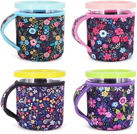 4Pack Reusable 24oz Ice Cream Sleeves with Handle, Neoprene Insulated Sleeves for Ninja Creami NC501, NC500 Series Deluxe Ice Cream Maker Containers(Flower)