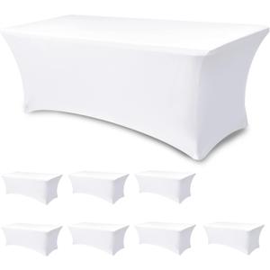 Table Cover for 6 foot Rectangle Tables-8 Pack White Fitted Stretch Tablecloth-Elastic Spandex 6ft Folding Tablecloths for Party, Vendor Booth Display, Banquet Buffet Event, Craft Trade Show