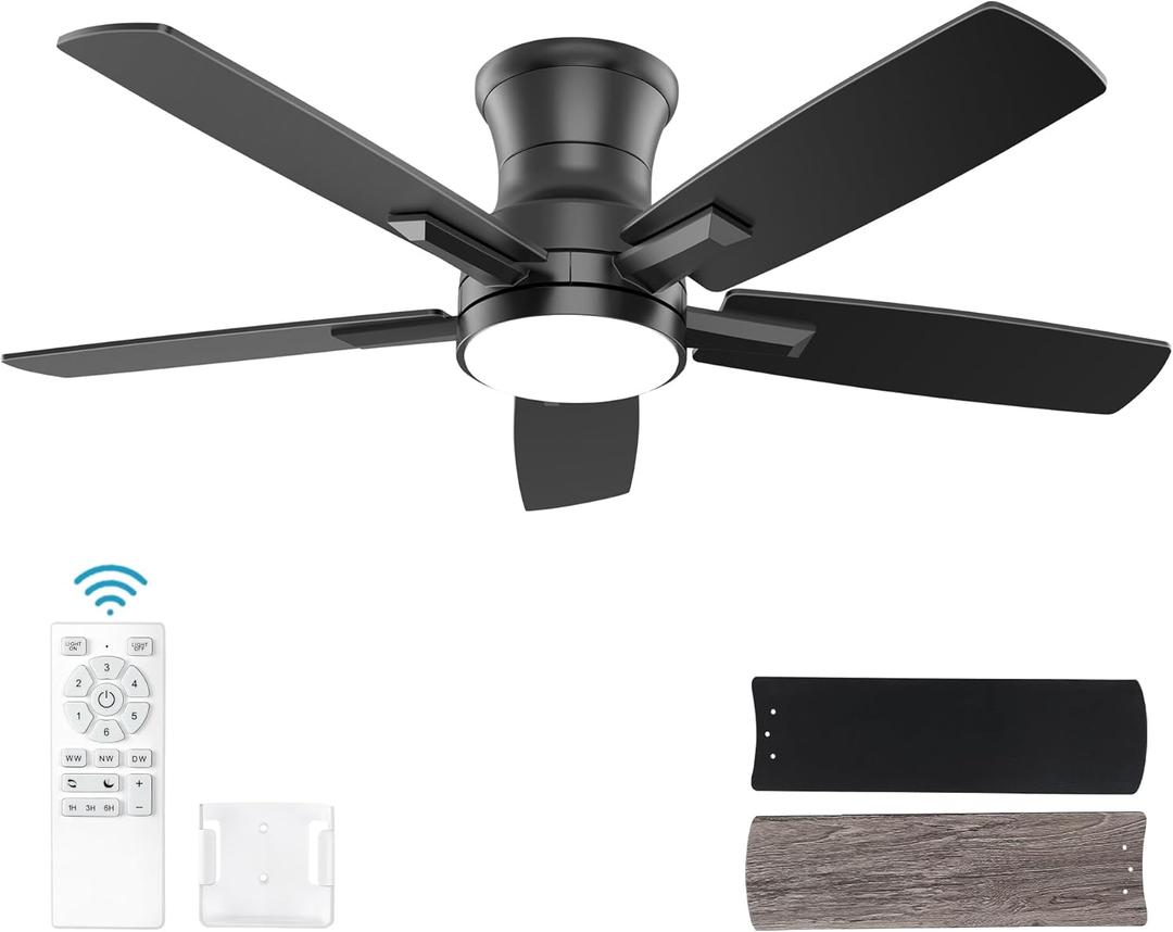 YUHAO 42 Inch Flush Mount Black Ceiling Fan with Light and Remote Control.Noiseless,Dimmable,3CCT,6 Speeds Reversible, Low Profile DC Ceiling Fans for Indoor Use