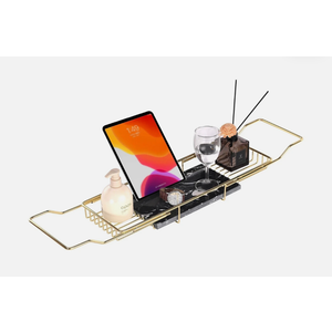 MARBBNEST Bathtub Tray Caddy for Luxury Bath Expandable Extra Wide Bath Tub Tray with Natural Marble Tray and Mobile/Tablet Stand, Ideal for Home Spa Lovers (Gold + India Green)
