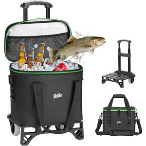 30 Can Small Rolling Cooler with Wheels, Detachable All-Terrain Trolley, Leakproof Insulated Soft Cooler Bag with Wheels and Handle Collapsible for Beach Camping Travel Outdoor