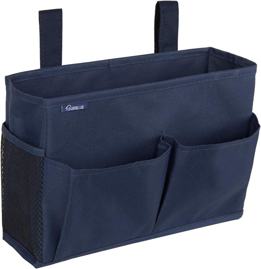 Surblue Bedside Caddy Hanging Organizer Storage Bag Pocket for Bunk, Hospital, College Dorm Rooms, Baby Bed Rails, Camp - 4 Pockets, 2 Hooks (Blue) (Small)