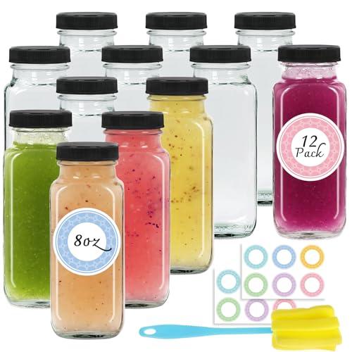 NEWMIAO 12 pack 8 oz Glass Juice Bottles with Lids, Reusable Glass Water Bottles, 250 ml Juice Containers Drinking Jars with Brush, Drink Jars for Milk, Juicing, Kombucha, Ginger
