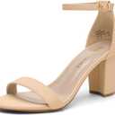DREAM PAIRS Women's Chunk Low Heel Pump Sandals, 7.5, Nude/Nubuck