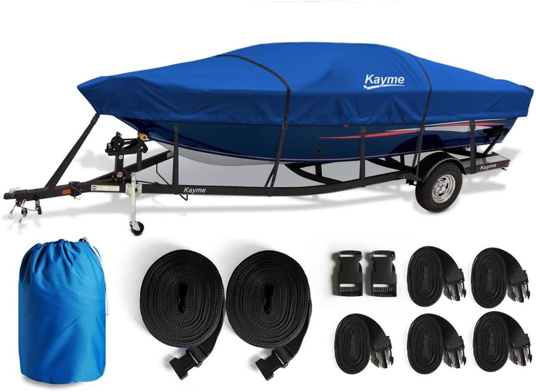 Kayme 1200D Heavy Duty Boat Cover for up to 15ft Boats - Waterproof, Tear Resistant with Reinforced Windproof Straps, Ideal for Fishing, Bass, Fish & Ski,V-Hull Boat. (Model A - Length:up to 15' Beam width: up to 68", Blue)