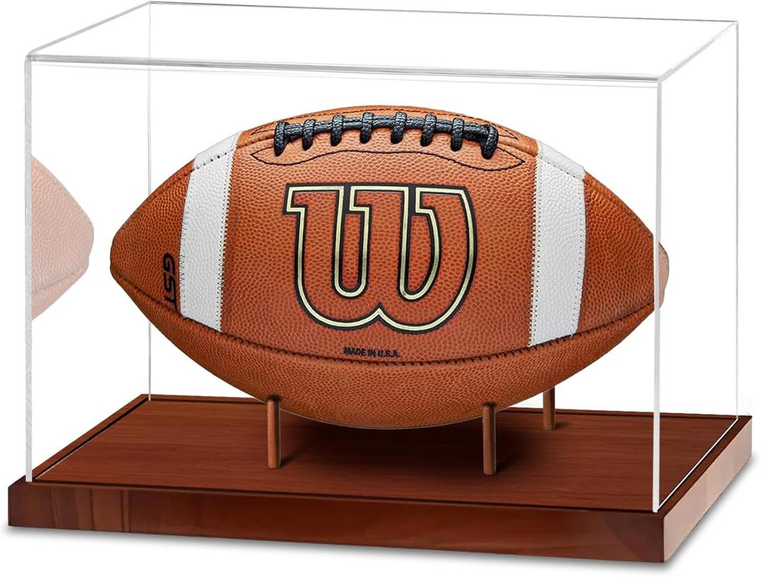 Football Display Case, Acrylic Football Case Clear, UV Protected Display Case with Solid Wood Base Stand for Full Size Signed Football Holder, Football Display Box for Football Fans & Collectors