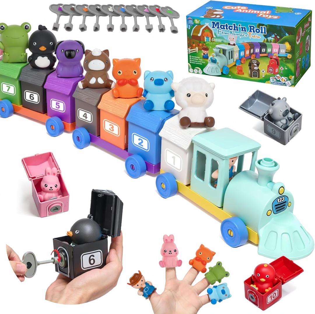 Toddler Learning Toys for 1 2 3 Years Old,Counting, Color Recognition & Math Skills Montessori Toy Farm Animals Train with 10 Finger Puppets, Birthday Educational Gift for Baby Toddler Boys Girls