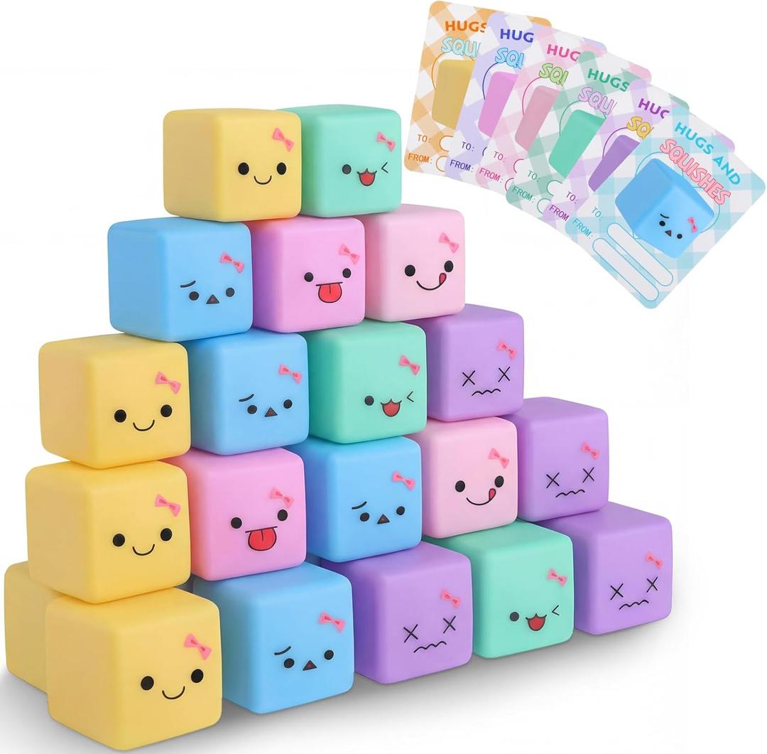 Soulchen 30 Pack Valentines' Day Slow Rising Stress Cube Gifts with Cards Fidget Stress Relief Balls Stretchy Fidget Toy for Anxiety for Adults Office Party Favor