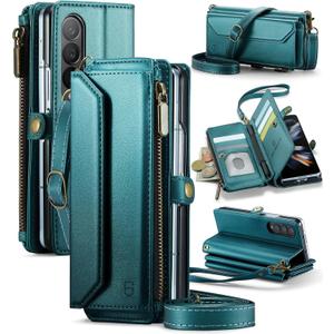 Strapurs Crossbody Wallet Case Compatible with Samsung Galaxy Z Fold 4 with RFID Blocking Card Holder & Pen Holder Slot Soft PU Leather Shoulder Strap Zipper Pocket Purse Fold 4 Phone Case, Blue Green