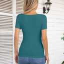 VICHYIE Summer Short Sleeve Shirts for Women Scoop Neck Top Ribbed Henley Slim Fitted Tee Sexy Casual Square Neck Basic Blouses Tshirts Teal XL