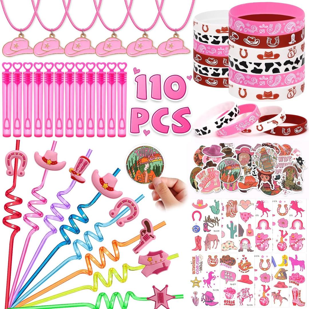 SNLN 110Pcs Cowgirl Party Favors Hot Pink Princess Birthday Supplies for Girls, Cowgirl Straws Necklace Bubble Wands Silicone Bracelet Western Tattoo Stickers Rodeo Hot Pink Horse Party Favors