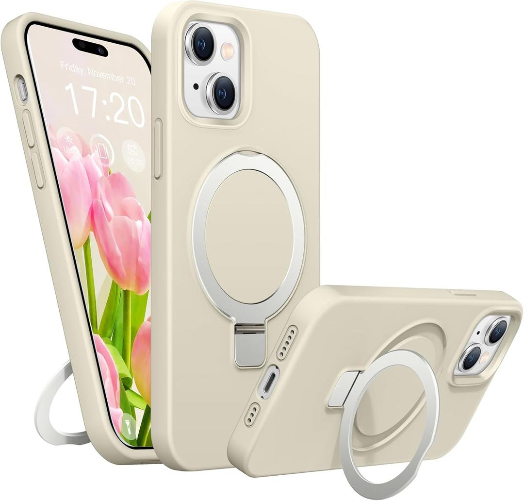 Soft Liquid Silicone Case for iPhone 13/14 with Magnetic Invisible Stand, Military Grade Shockproof Protection, Anti-Scratch Microfiber Lining Covers for iPhone 14/13, White