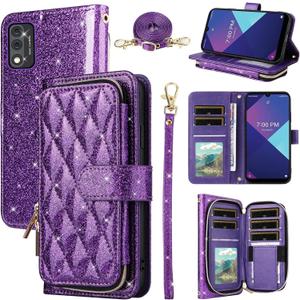 Wallet Case for Wiko Ride 3 with Detachable Wrist Strap Crossbody Shoulder Strap Luxury PU Leather 9+ Card Slots Zipper Purse Stand Cell Accessories Phone Cover for U614AS Girls Women Purple