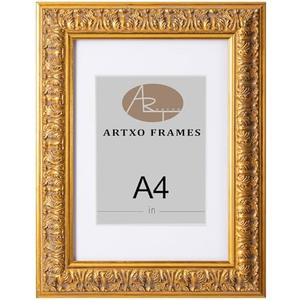 ArtXO A4 Gold Ornate Wood Picture Frame with Clear Plexiglass & Mat - Vintage Decor for Home, Wall Mountable Photo Display 45