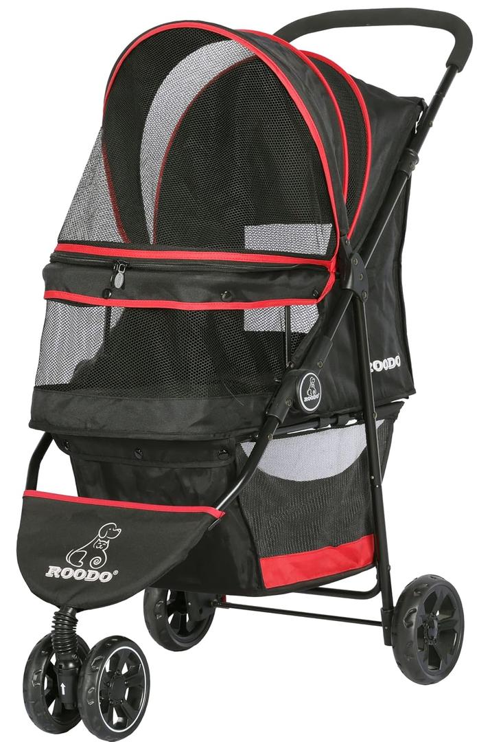 ROODO Escort 3 Wheel Dog Cat Pet Stroller for Small/Medium Dogs Cats Best Lightweight Foldable Portable Compact Jogger Travel All Terrain Pet Gear System Puppy Doggie Bunny Kitty Stroller(Black)